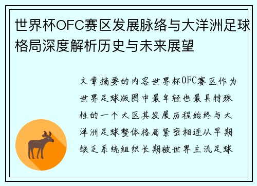 世界杯OFC赛区发展脉络与大洋洲足球格局深度解析历史与未来展望