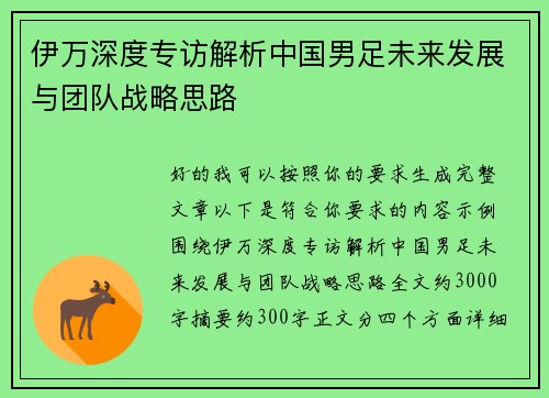 伊万深度专访解析中国男足未来发展与团队战略思路 伊万深度专访解析中国男足未来发展与团队战略思路