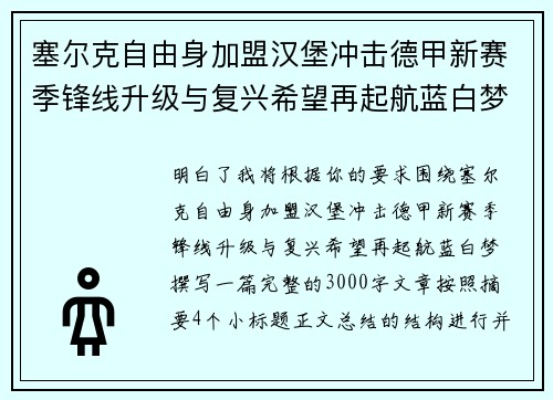 塞尔克自由身加盟汉堡冲击德甲新赛季锋线升级与复兴希望再起航蓝白梦 塞尔克自由身加盟汉堡冲击德甲新赛季锋线升级与复兴希望再起航蓝白梦