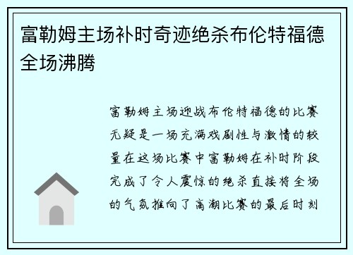 富勒姆主场补时奇迹绝杀布伦特福德全场沸腾
