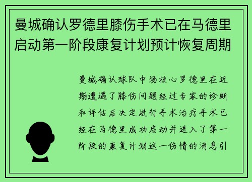 曼城确认罗德里膝伤手术已在马德里启动第一阶段康复计划预计恢复周期受关注 曼城确认罗德里膝伤手术已在马德里启动第一阶段康复计划预计恢复周期受关注