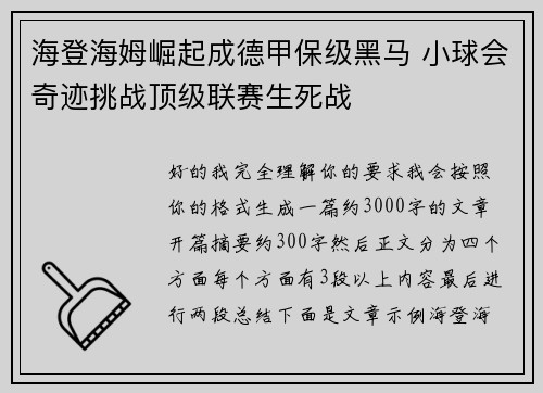 海登海姆崛起成德甲保级黑马 小球会奇迹挑战顶级联赛生死战 海登海姆崛起成德甲保级黑马 小球会奇迹挑战顶级联赛生死战